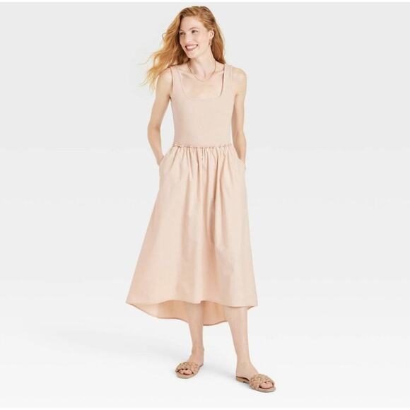 A New Day Tank Dress S Midi Pink Taupe Ballet Dress Side Pockets Contrast Fabric - Picture 1 of 10